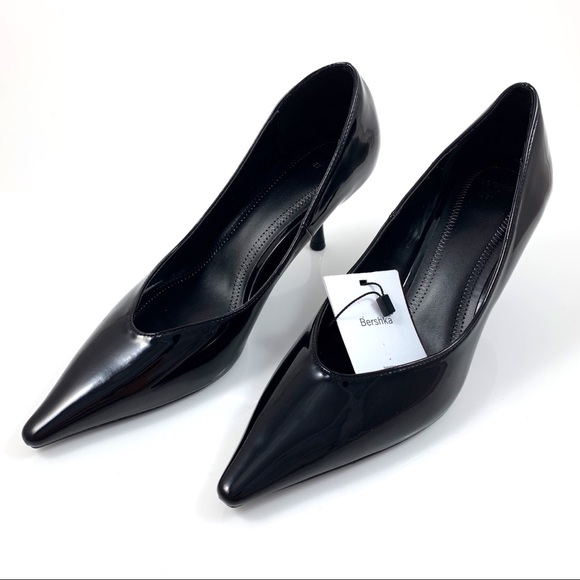 NWT BERSHKA black patent pointy kitten heel shoes - Picture 3 of 8
